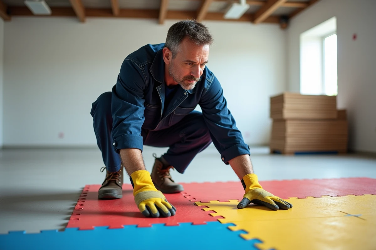 Installateur professionnel posant des dalles de caoutchouc amortissantes colorées dans une salle de jeux intérieure lors d'un chantier de rénovation