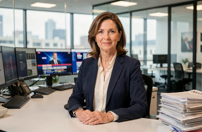 Journaliste professionnelle assise dans une salle de rédaction moderne avec des écrans d'actualité en arrière-plan