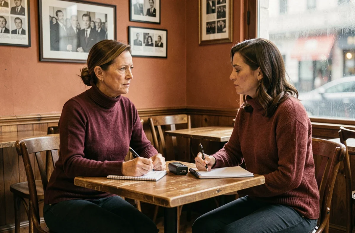 Journaliste interviewant une personne dans un café parisien avec carnet de notes et enregistreur