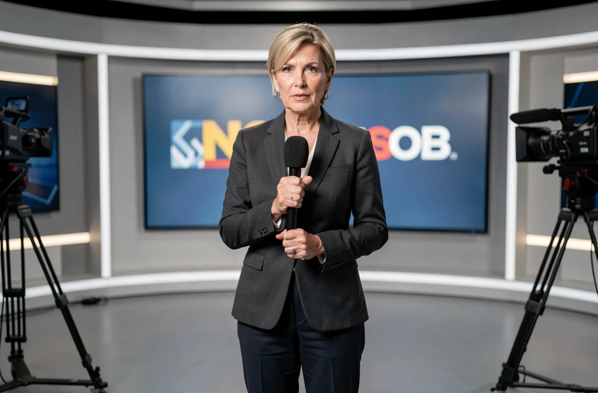 Journaliste de télévision en studio debout devant un décor de plateau avec microphone