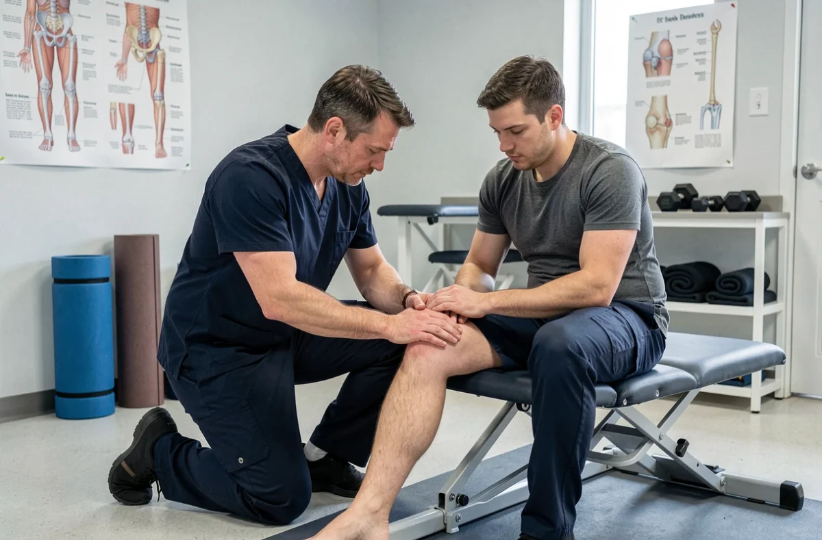 Kinésithérapeute examinant le genou gonflé d'un patient dans une clinique de rééducation sportive