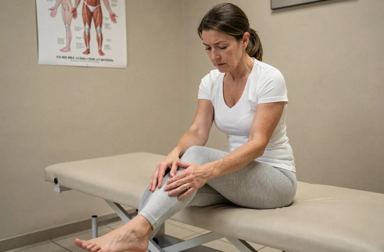 Femme d'âge moyen assise sur une table d'examen médical, examinant un kyste derrière le genou avec une expression préoccupée