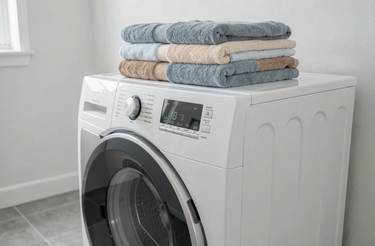 Lave-linge Valberg blanc chargement frontal dans une buanderie moderne avec carrelage gris clair et serviettes pliées