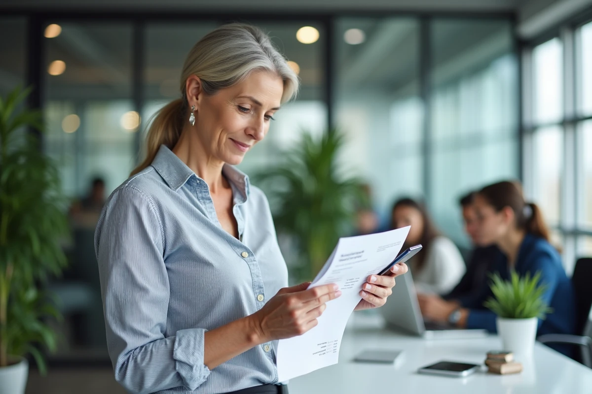 Femme en entreprise numérisant un document papier avec son smartphone pour l'envoyer à Agirc-Arrco en ligne