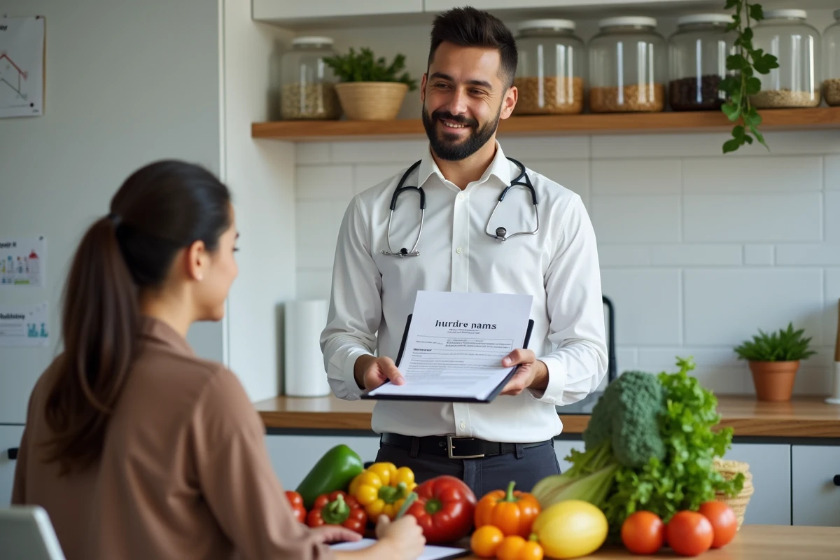 Nutritionniste expliquant un plan alimentaire équilibré à un patient dans un cabinet de nutrition moderne avec légumes frais