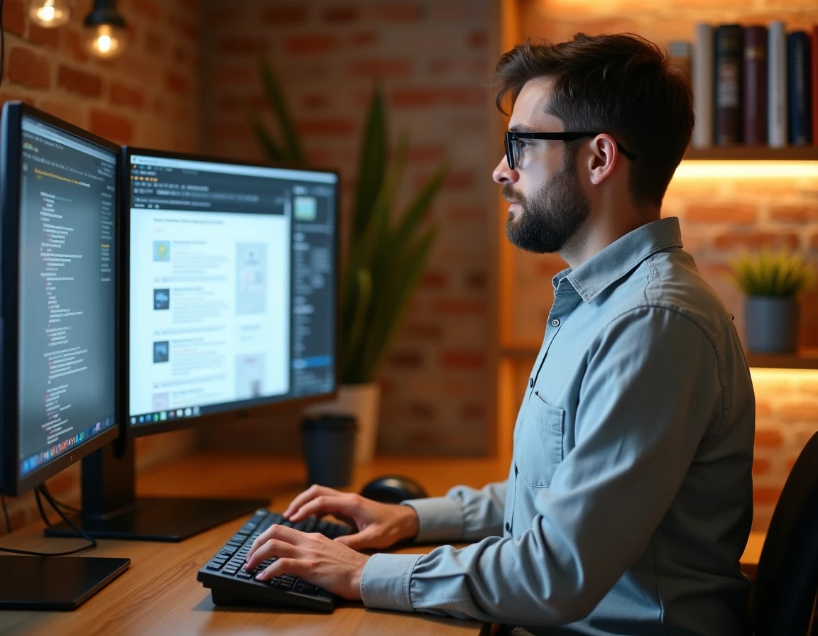 Homme gérant le contenu de son site web depuis un bureau à domicile avec deux écrans et un système de gestion de contenu