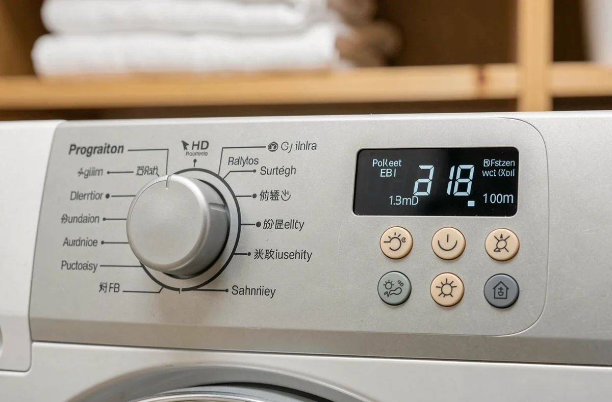 Gros plan sur le panneau de commande d'un lave-linge avec sélecteur de programme, écran numérique et boutons tactiles