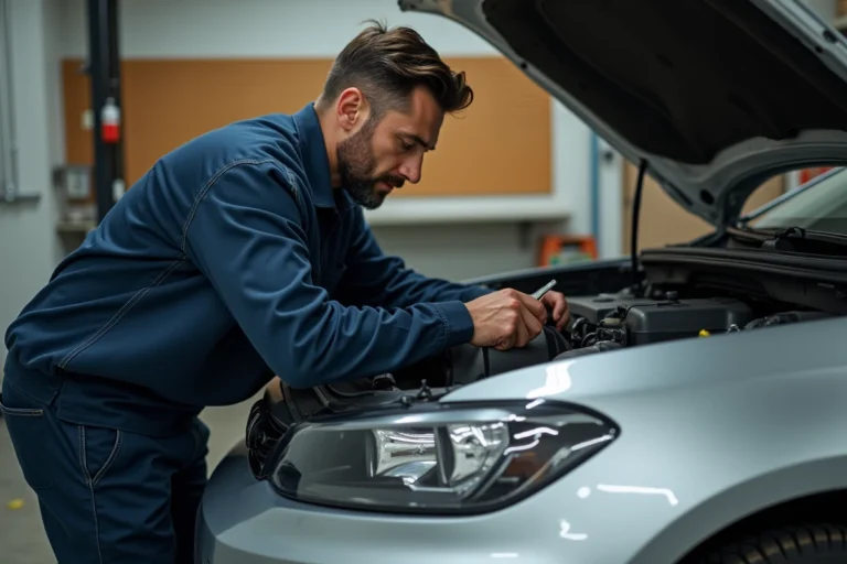 Homme passionné d'automobile inspectant le moteur d'une berline moderne dans un garage privé bien équipé