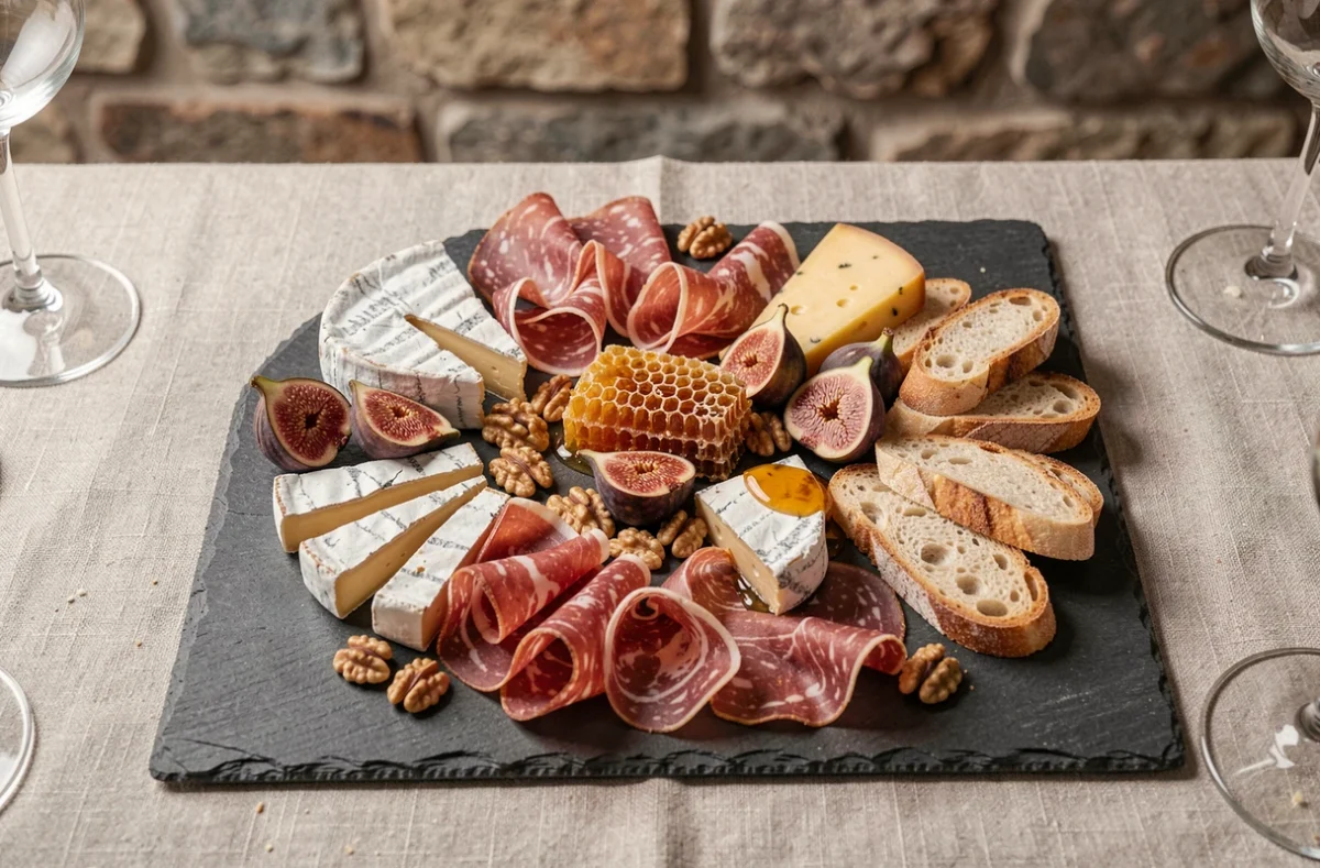 Plateau de charcuterie et fromages artisanaux disposés sur une ardoise dans un décor de bistrot français rustique