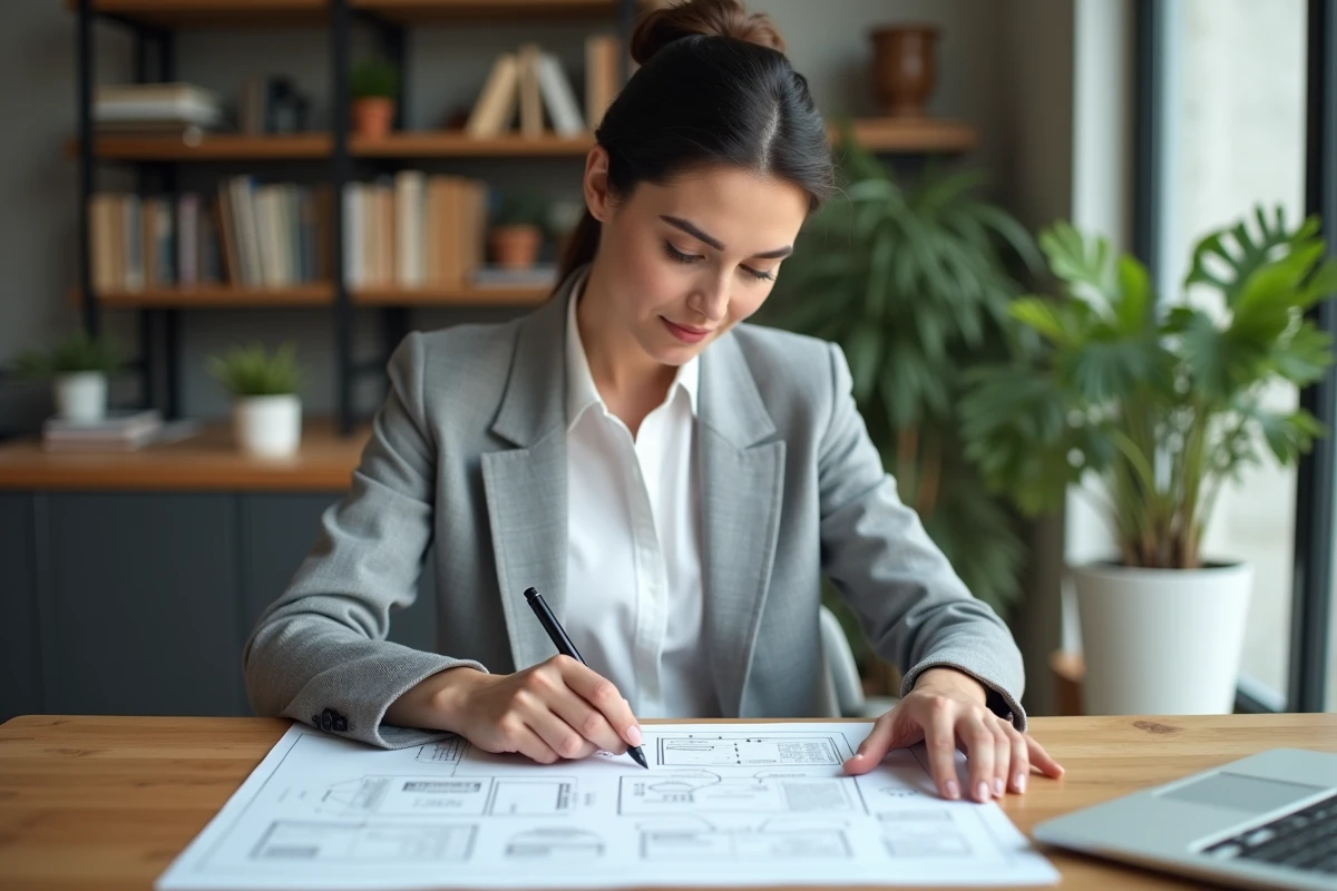 Une professionnelle analyse un plan de sitemap imprimé sur son bureau dans un bureau moderne, illustrant l'importance de la structure de navigation d'un site web