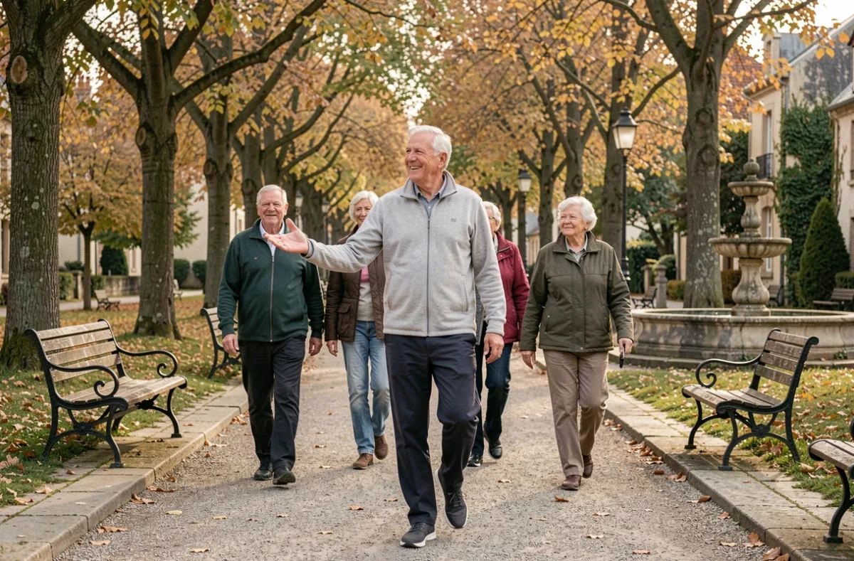 Groupe de seniors en promenade matinale dans un parc municipal français animé par un accompagnateur bénévole