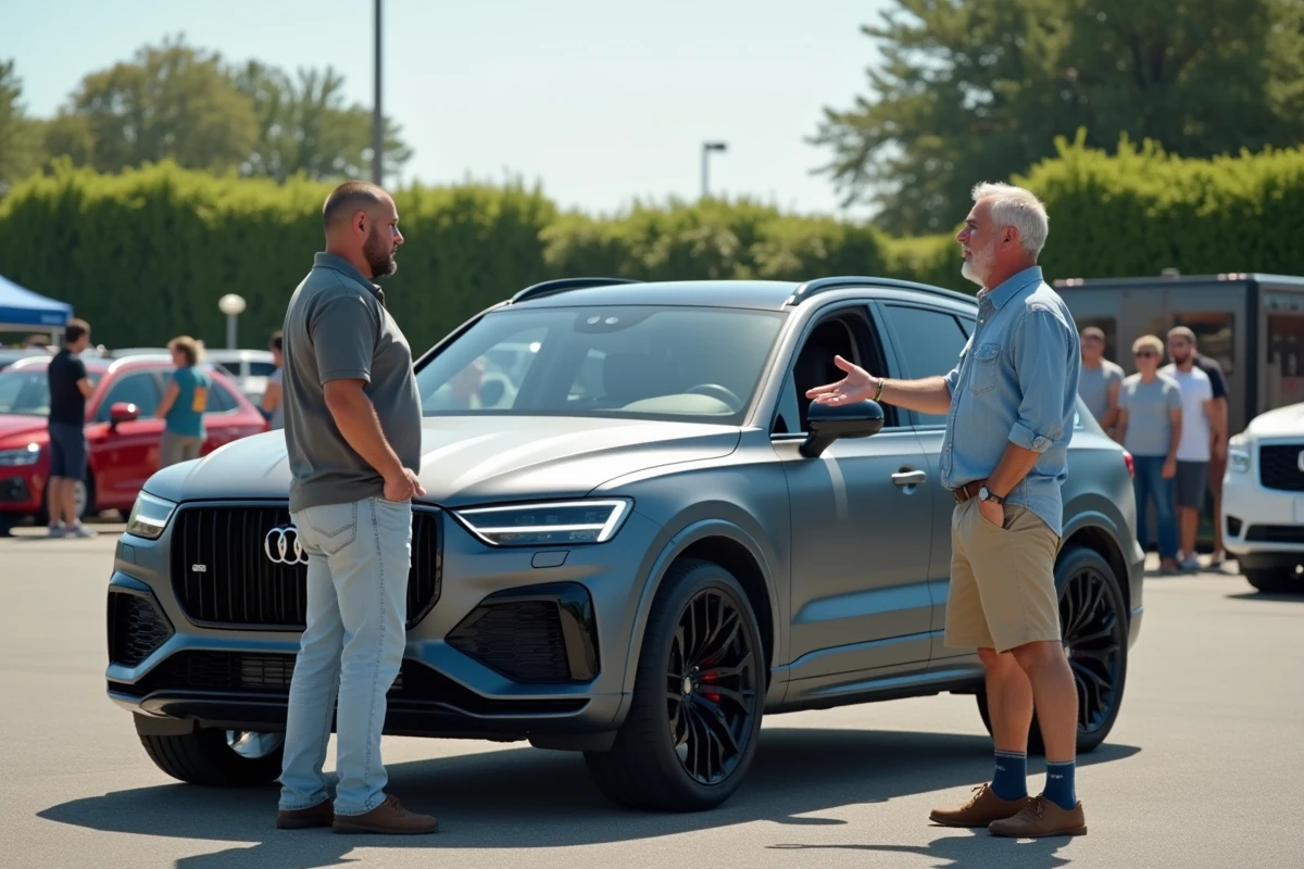 Deux passionnés d'automobile discutant devant un SUV gris mat lors d'un rassemblement auto en plein air
