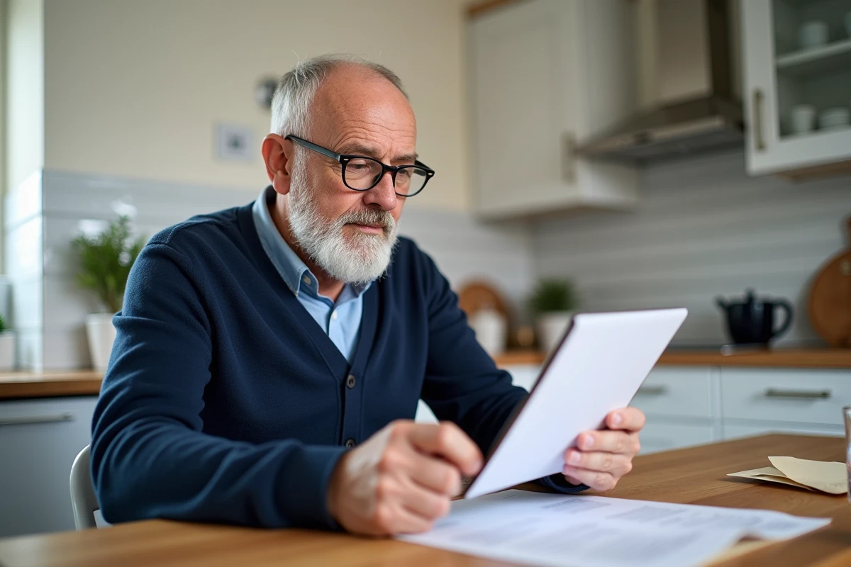 Homme retraité consultant ses documents de retraite Agirc-Arrco sur une tablette numérique dans sa cuisine