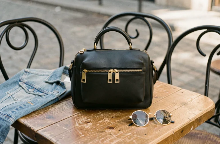 Sac double M en cuir noir des années 90 posé sur une table en bois dans un café parisien, détail de la ferrure dorée et du double compartiment