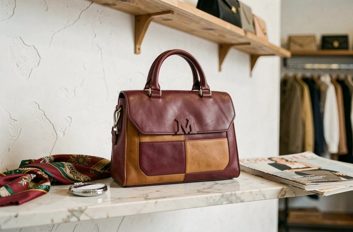 Sac double M bicolore bordeaux et cognac des années 90 exposé sur une étagère en marbre dans une boutique vintage avec accessoires de mode rétro