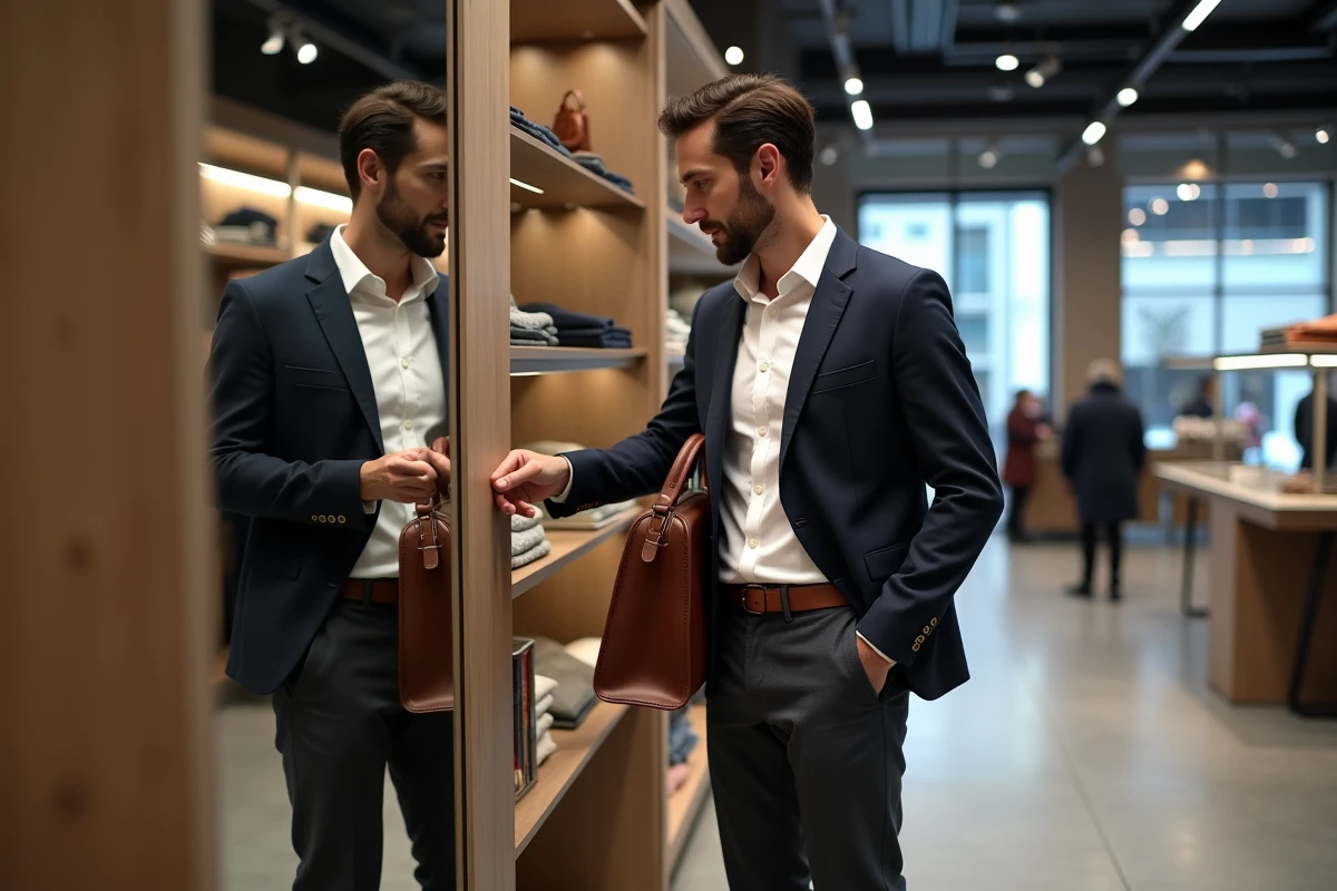 Homme élégant choisissant un accessoire en cuir devant un grand miroir dans un grand magasin moderne