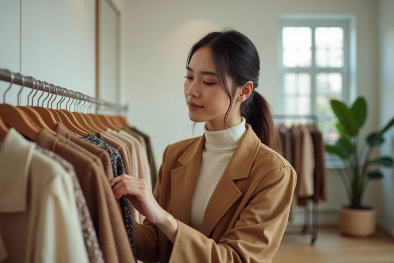 Jeune femme élégante en manteau camel explorant les nouveautés d'une boutique de mode minimaliste à Paris