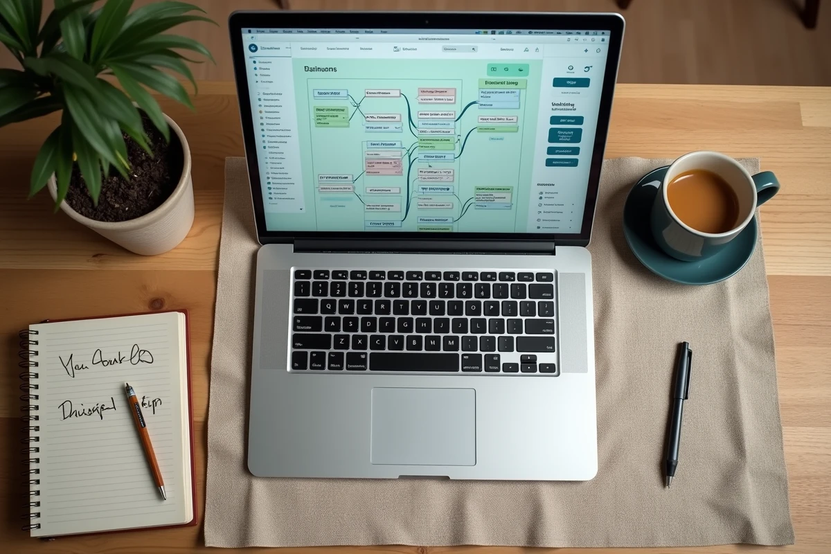 Vue aérienne d'un bureau avec un écran d'ordinateur affichant un outil de création de sitemap visuel, entouré de notes SEO manuscrites, illustrant l'optimisation de la structure d'un site web